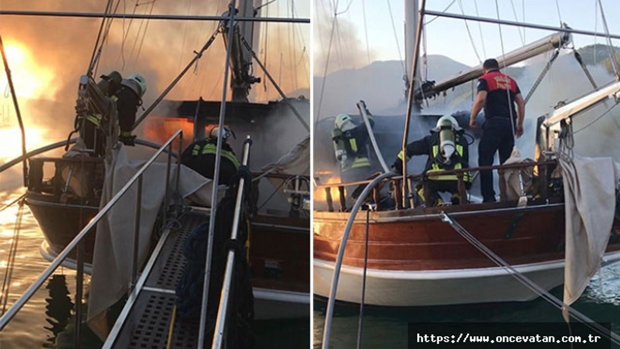 Fethiye'de ABD bayraklı gulet tekne alev alev yandı