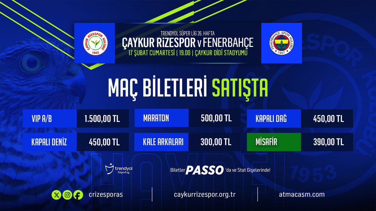Çaykur Rizespor-Fenerbahçe maçının biletleri satışa çıktı